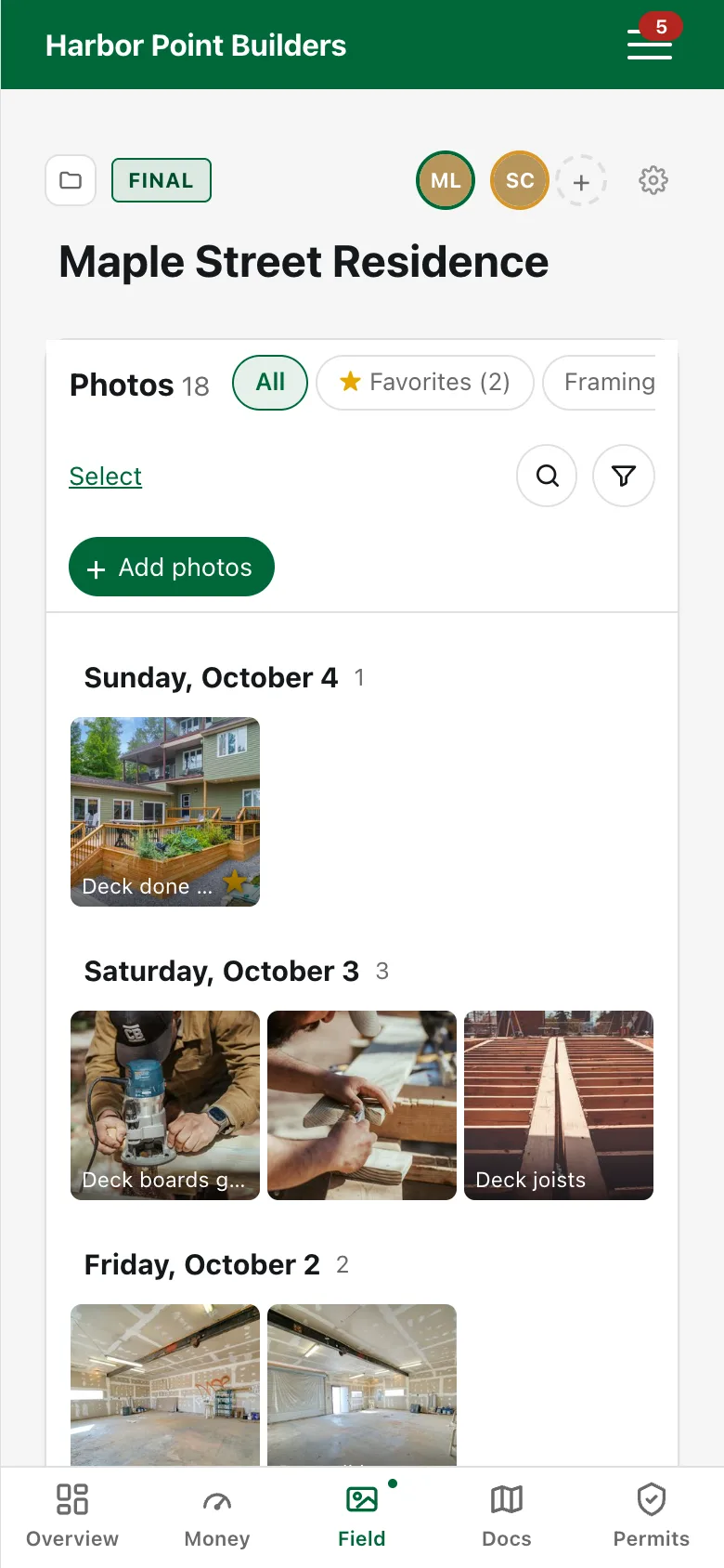 A2 Contracts on a phone: site photos grouped by day, with captions and favorites