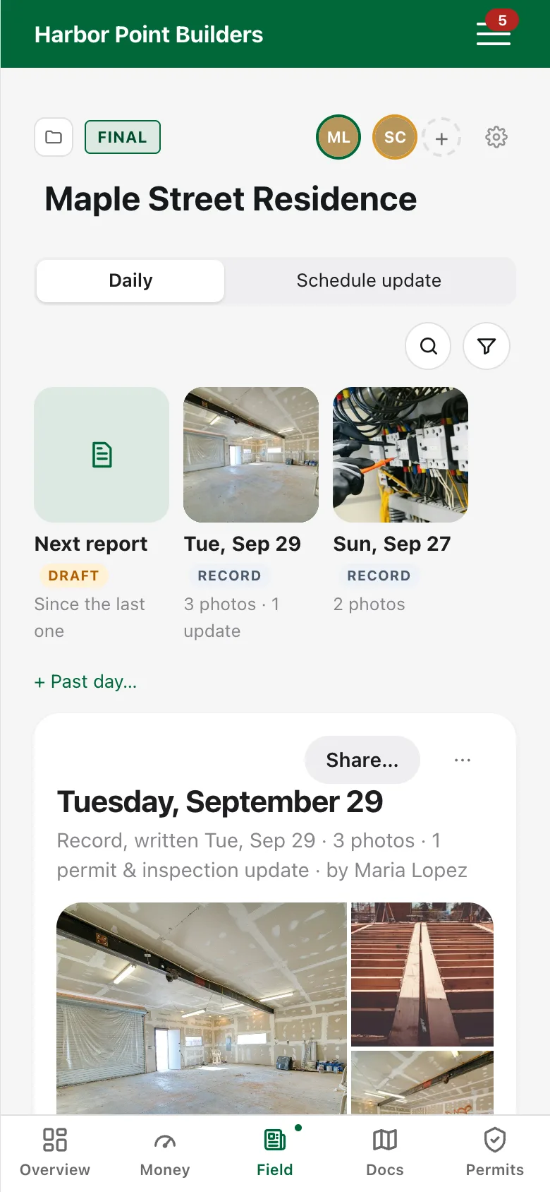 A2 Contracts on a phone: a daily report with the day's jobsite photos
