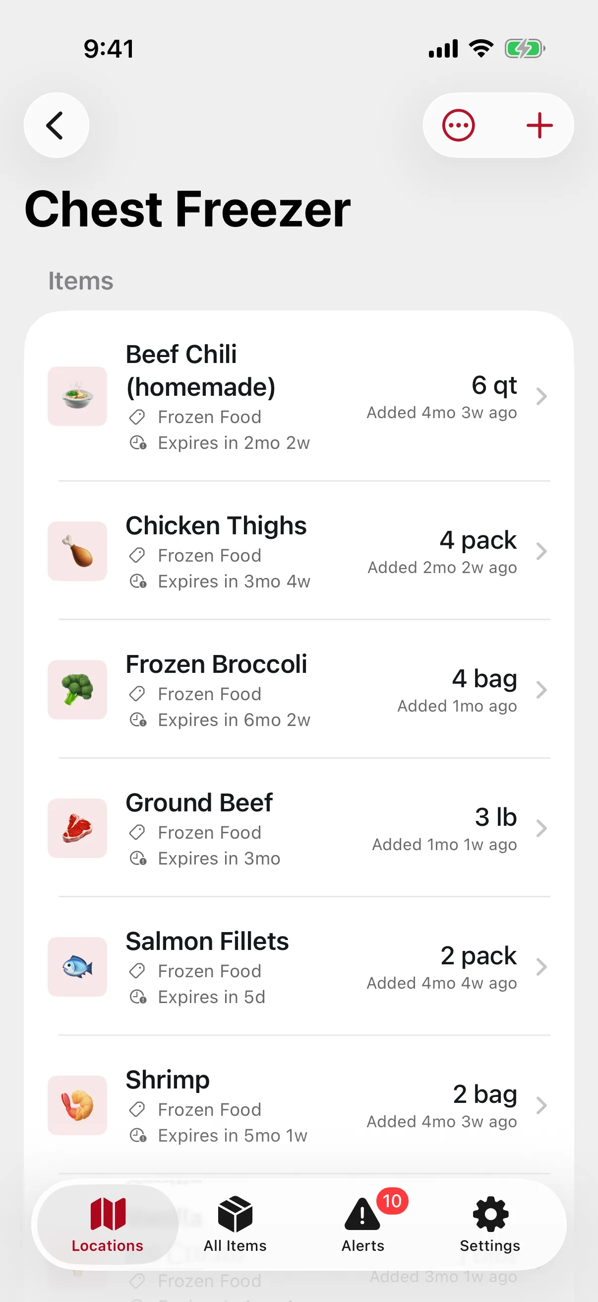 BI Inventory on iPhone: a freezer’s contents with quantities and days until each item expires