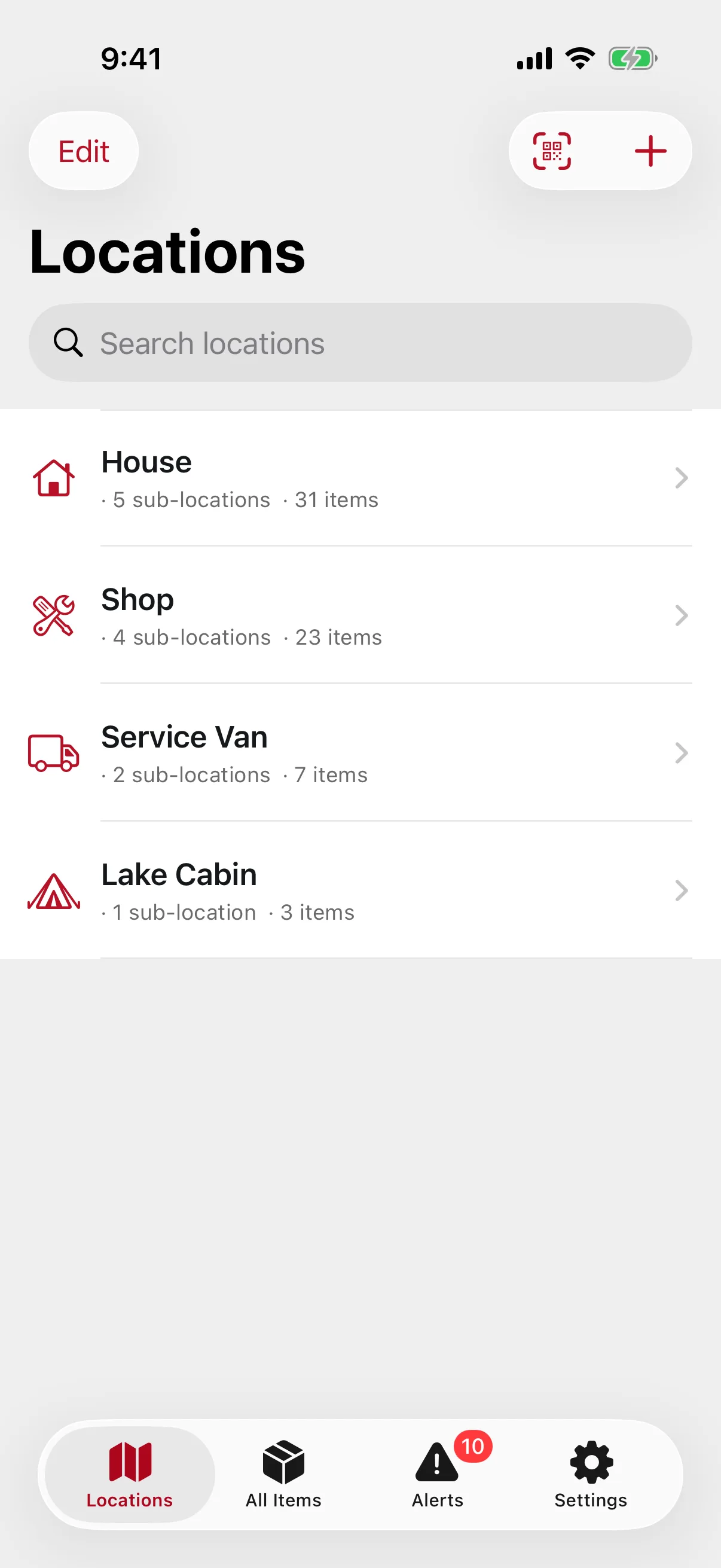 BI Inventory on iPhone: top-level locations with their sub-locations and item counts