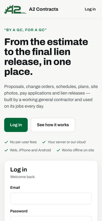 A2 Contracts website on a phone